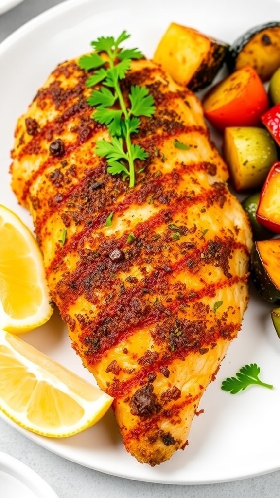 Crispy Herb-Crusted Chicken Recipe Crispy herb-crusted chicken breast on a plate with roasted vegetables and lemon.